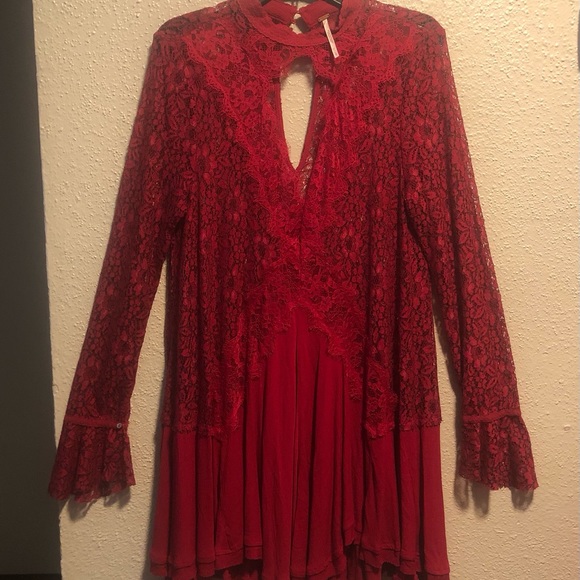 Free People Dresses & Skirts - Free People Red Lace Tell Tale Lace Tunic Dress